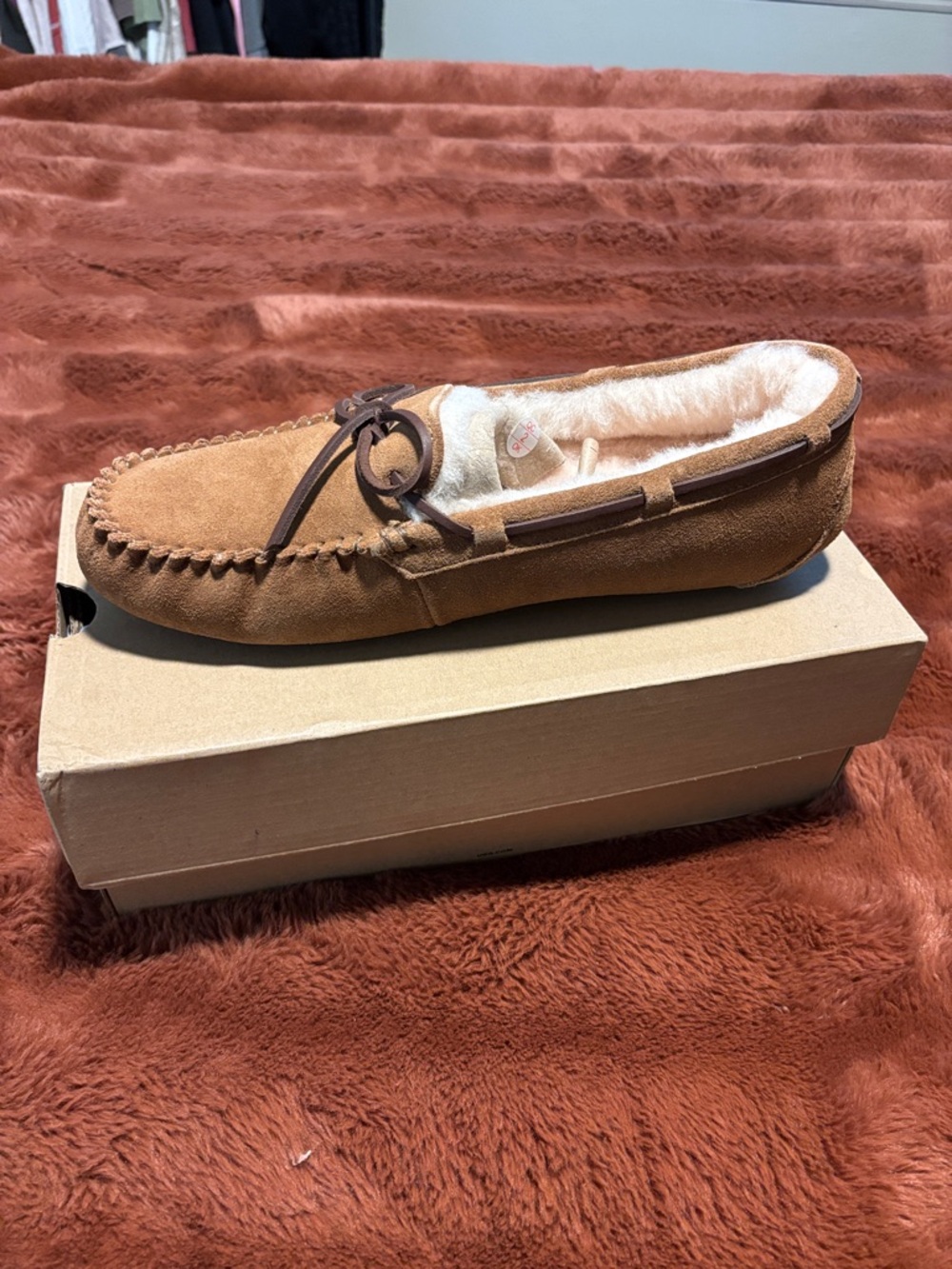 UGG Women’s Chestnut Suede Moccasin Slip-On with Shearling Trim